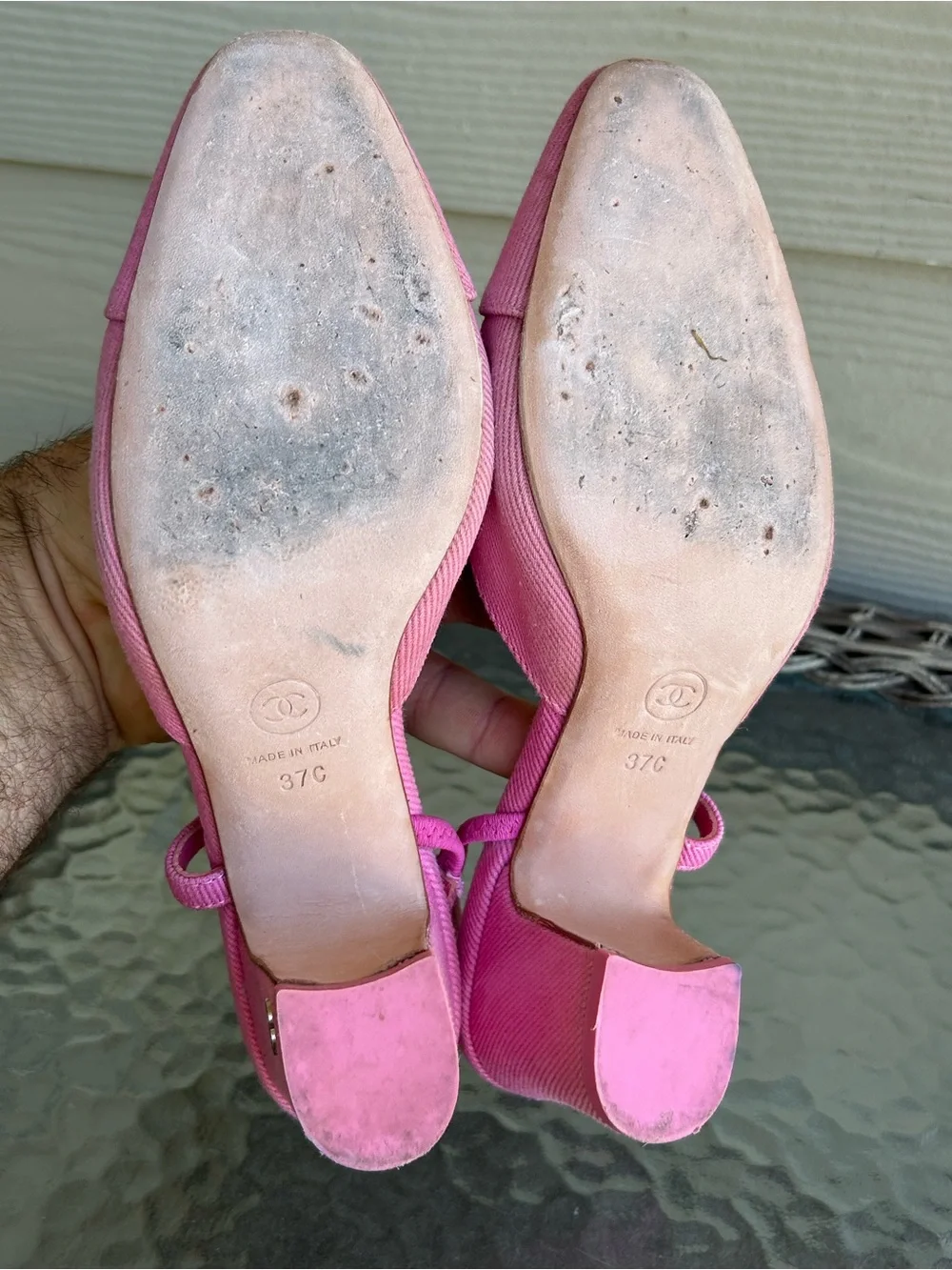 CHANEL Pink Denim CC Slingback Heels sz 37 US 6.5